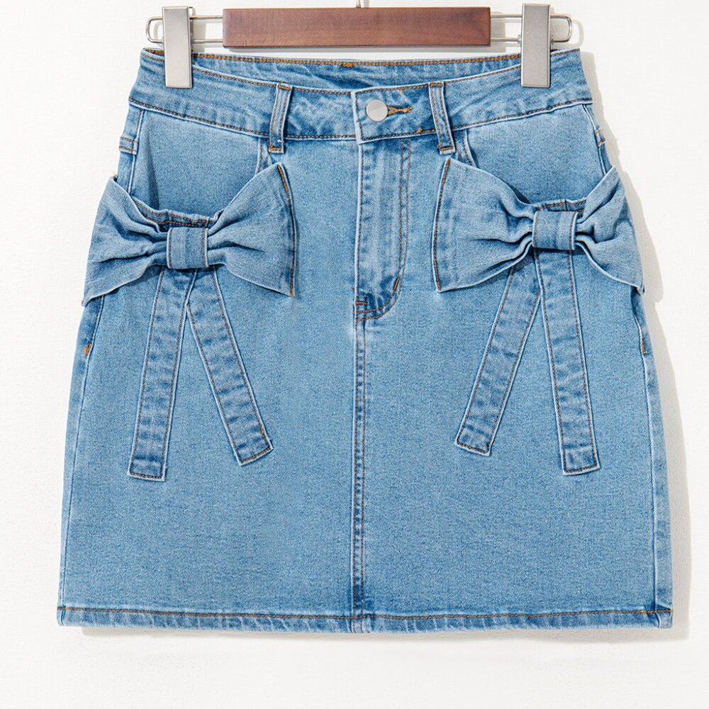 B277 Dusk Blue Acid Washed Bowknot Details High Waist Denim Skirt - Picture 5 of 12